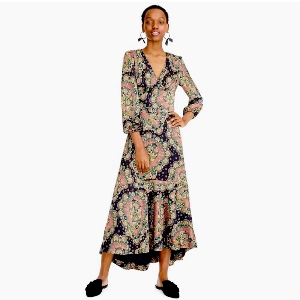 NWOT  J. Crew Point Sur Paisley Maxi Dress Hi-Lo Crepe Long Sleeve